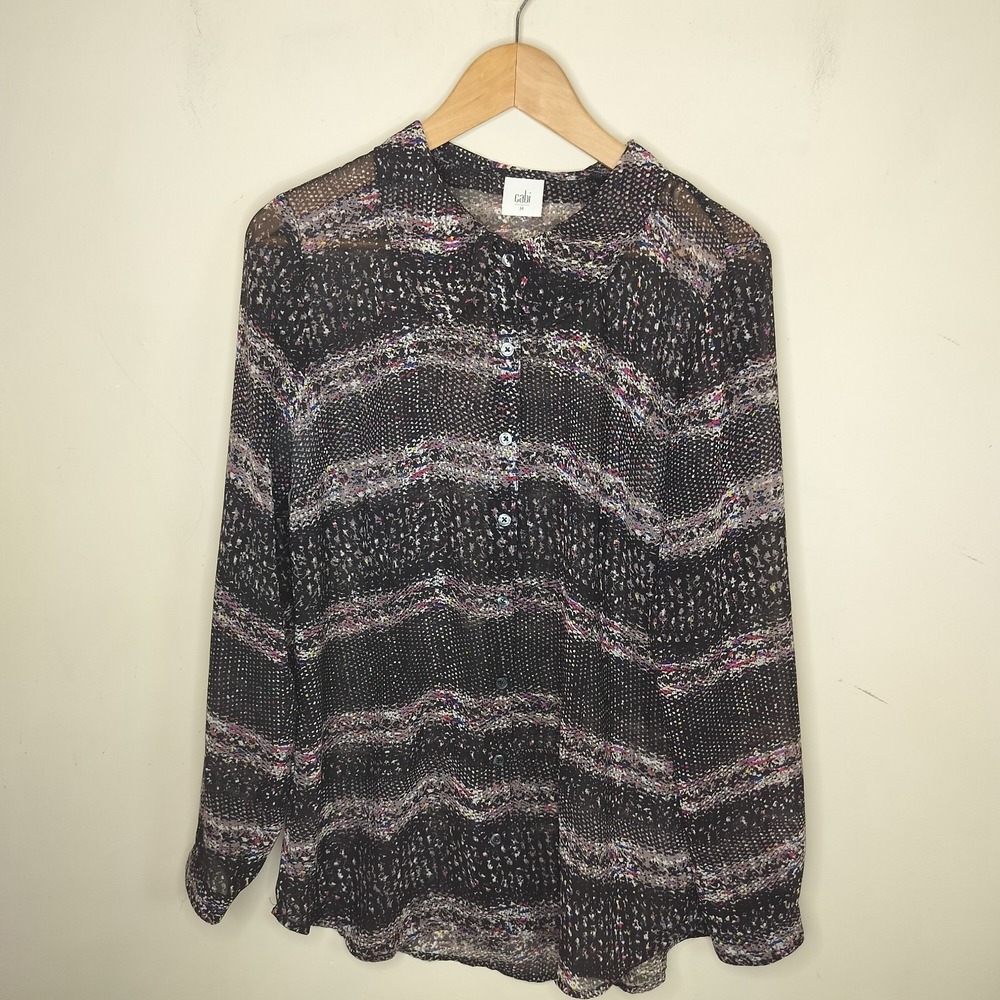 Cabi Sheer Chiffon Blouse Button Up 3249 Black Pink Print